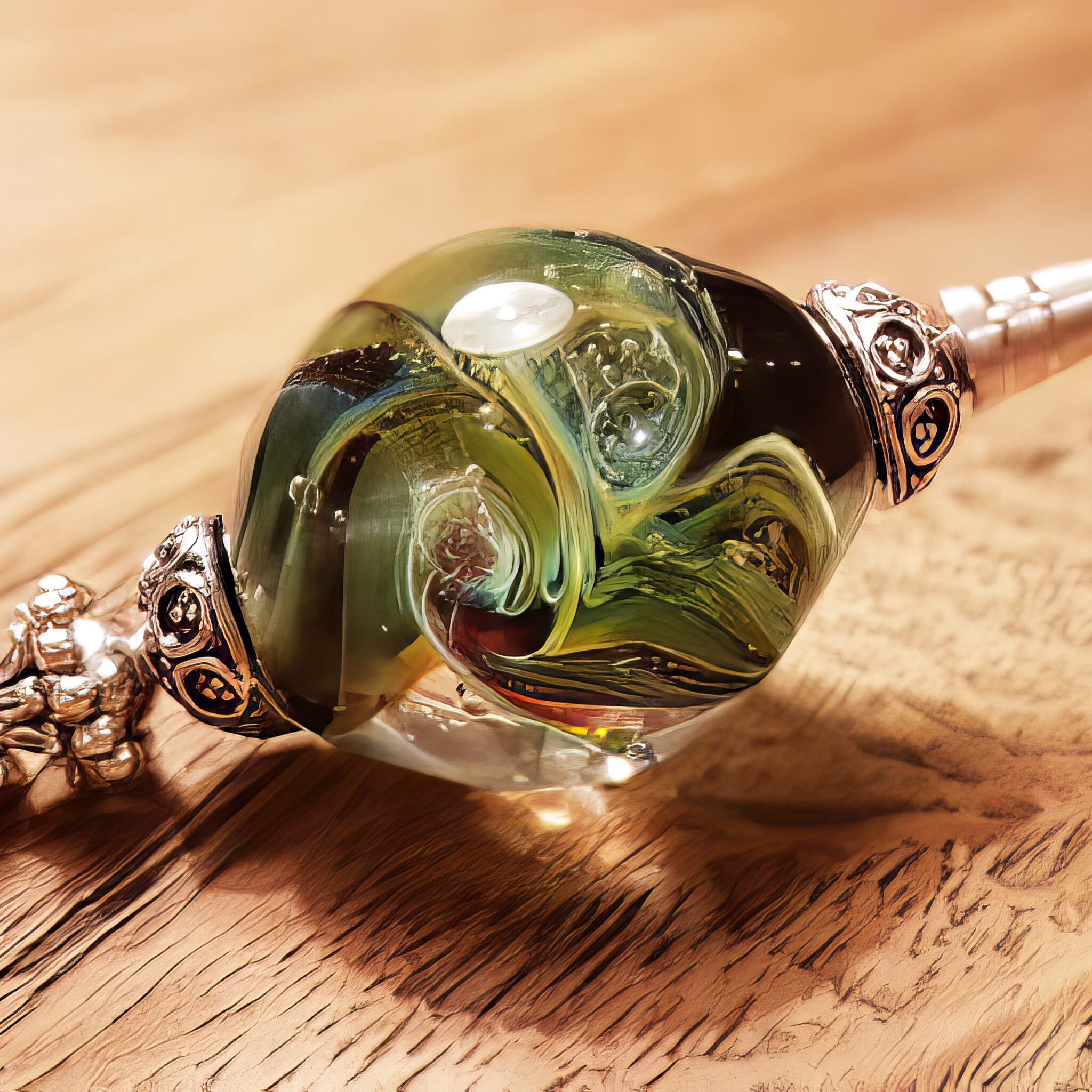 Bunte Glasperle mit spiralförmigen Mustern und silbernen Verzierungen auf einem Holzuntergrund.