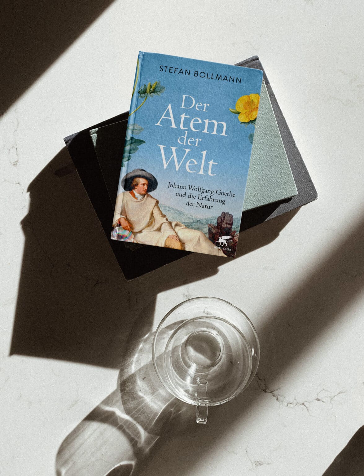 - Deutsche Manufakturenstrasse Buchcover von "Der Atem der Welt" von Stefan Bollmann, mit floralen Motiven und einem Porträt im Hintergrund.