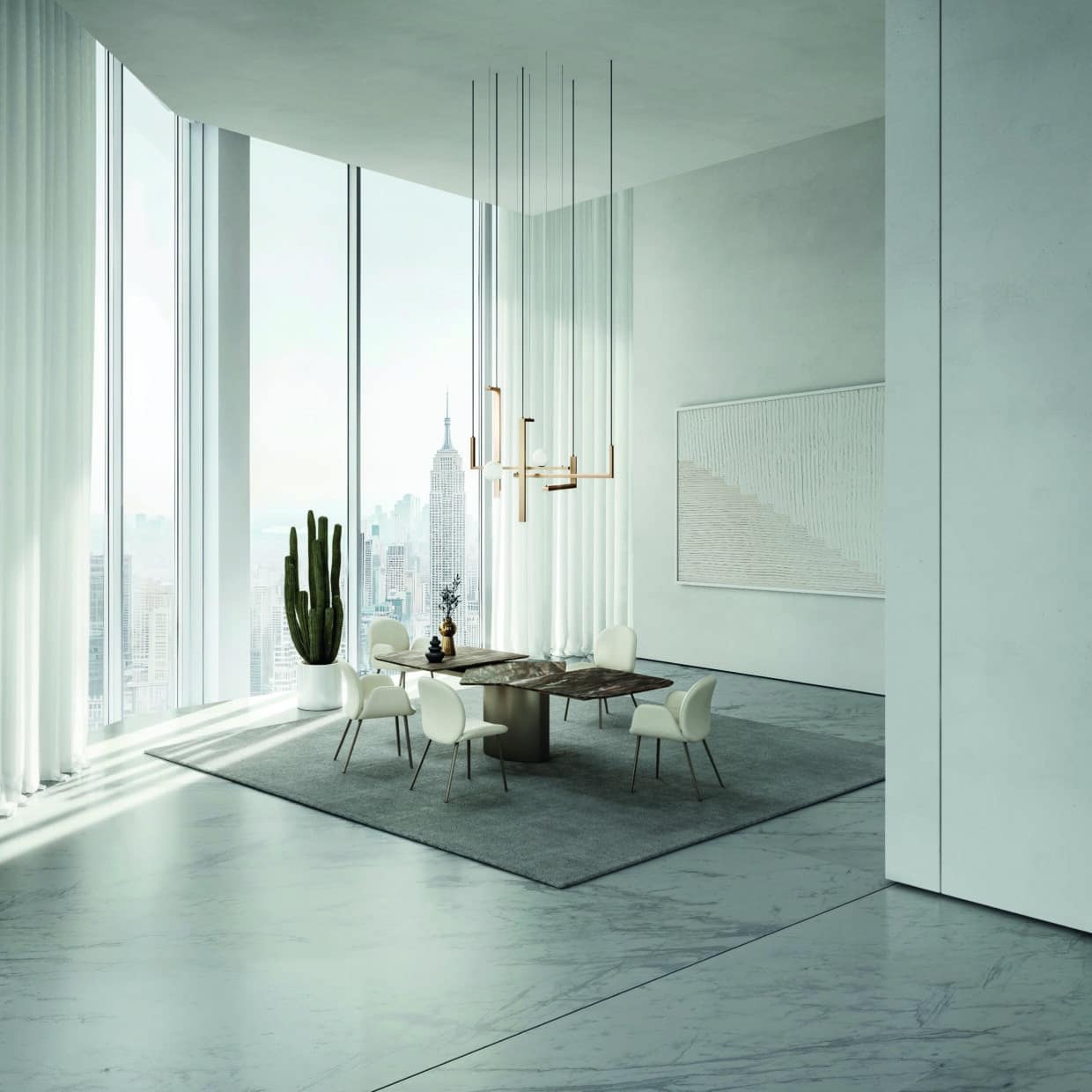 _DRAENERT_ADLER_30 Jahre_Venice Black_organic_Cobe_Loft - Deutsche Manufakturenstrasse Moderne Esszimmeransicht mit einem runden Tisch, weißen Stühlen und einer großen Fensterfront, die eine Stadtansicht ze...