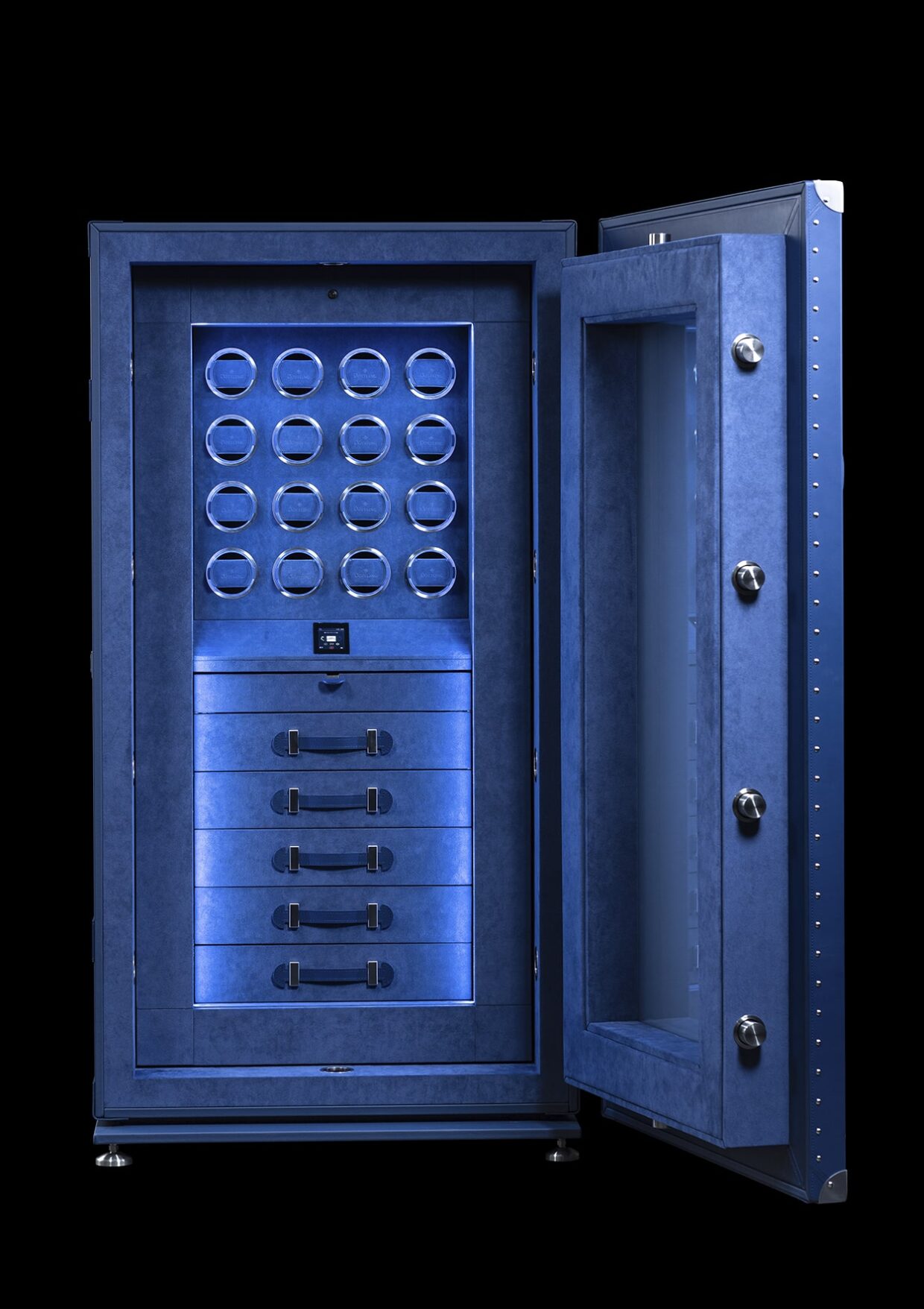 DOETTLING_Gallery_DÖ_Eye_II - Deutsche Manufakturenstrasse Luxuriöser blauer Safe mit geöffneter Tür, innen mit mehreren Fächern und runden Halterungen.