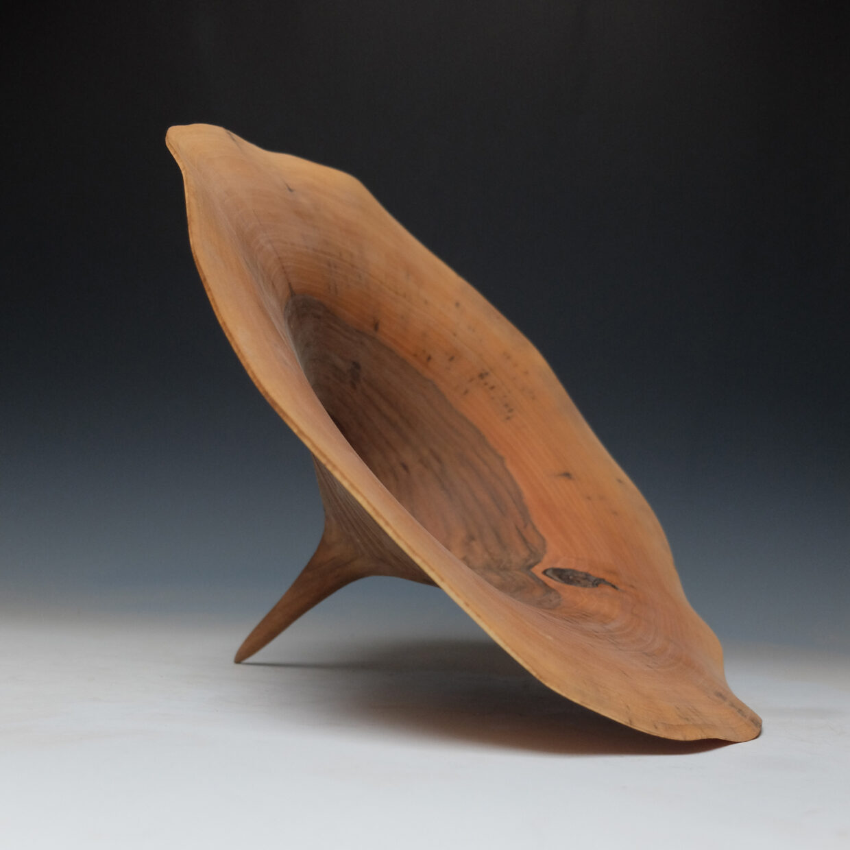 Blumenbluete_465 - Deutsche Manufakturenstrasse Holzschale mit organischer Form und drei Füßen, auf einem hellen Untergrund vor einem dunklen Hintergrund.