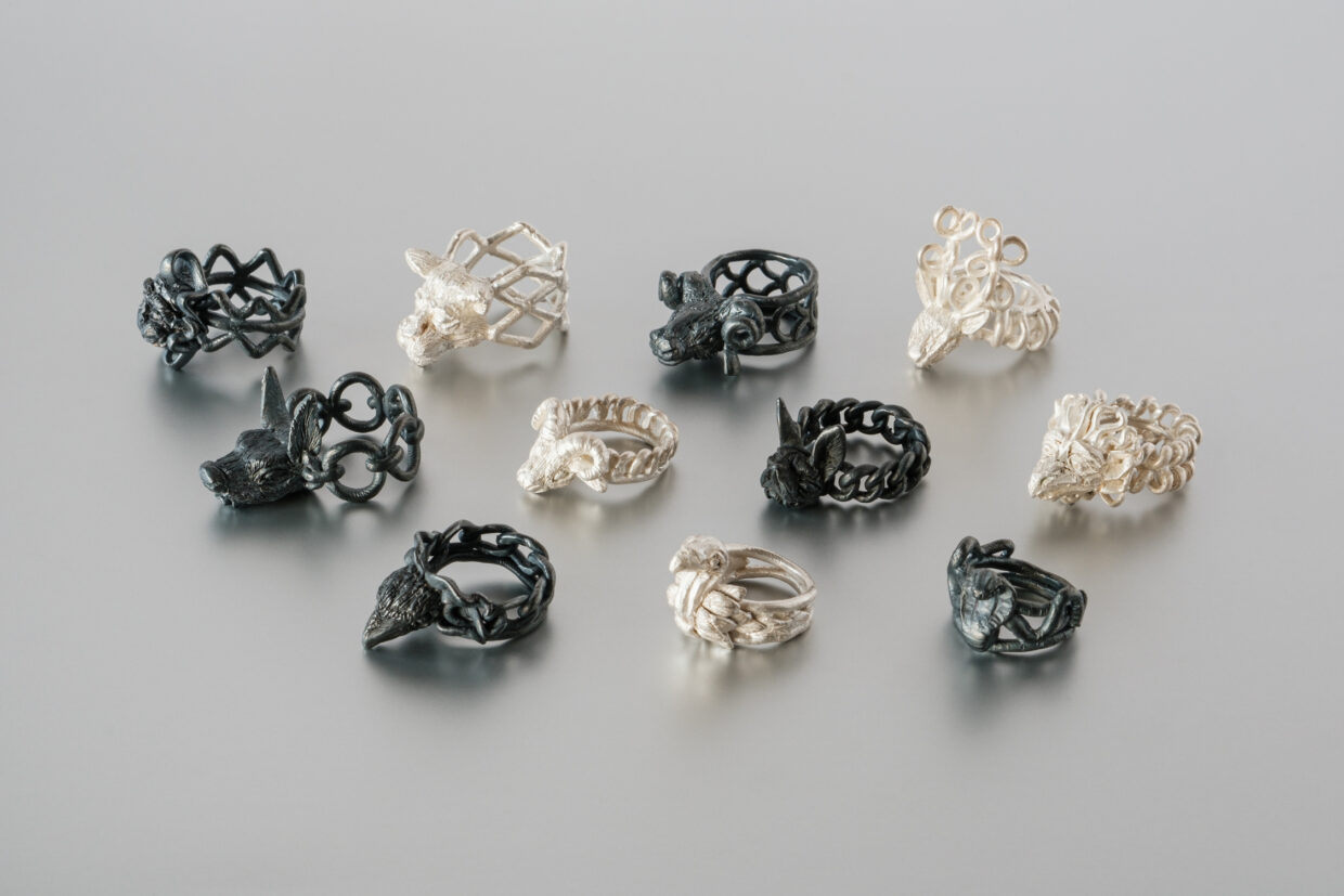 250217_Postkarten-Motive_05_Original 1 - Deutsche Manufakturenstrasse Zehn kunstvolle Ringe in verschiedenen Designs, darunter Tiermotive, auf einem grauen Hintergrund.