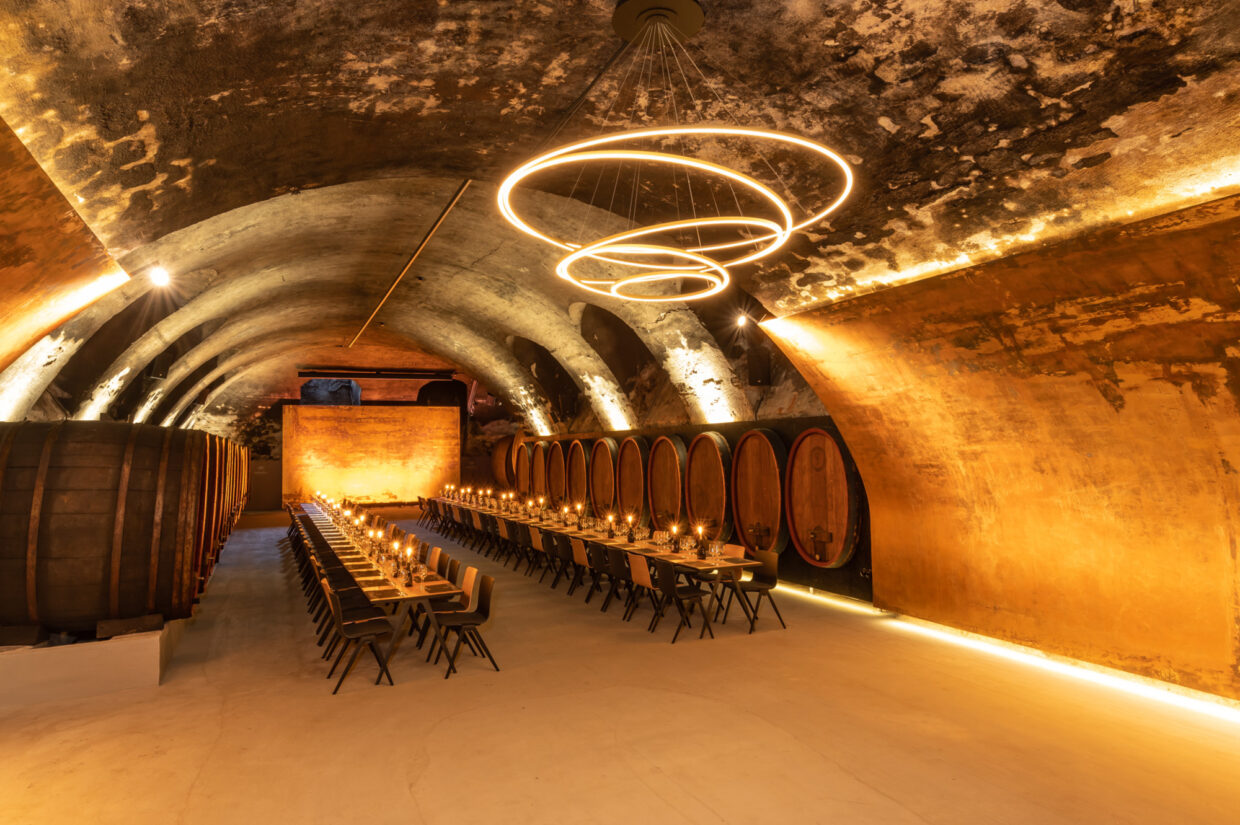 TOCCATA_PALADIO35_SATTLER_Hofkeller1-©-Staatlicher-Hofkeller-Wuerzburg_fotografiebrigittesauer-ey_1920px 1 - Deutsche Manufakturenstrasse Beleuchteter Weinkeller mit runden Deckenleuchten, langen Tischen und großen Holzfässern an den Wänden.
