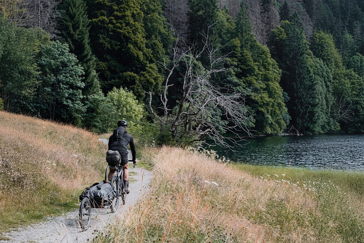 Tout_Terrain_Trailer_Mule - Deutsche Manufakturenstrasse Radfahrer mit Anhänger auf einem schmalen Weg entlang eines Sees, umgeben von Bäumen und Wiesen.